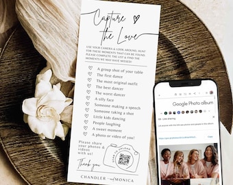 Capture The Love QR Code Wedding Card - I spy wedding game card Modern Minimalist Wedding Photo Card Share the Love Editable Cards #BB01