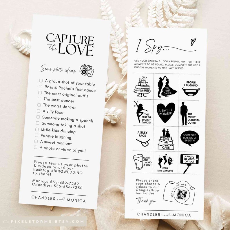 Pode incluir: Cartas de jogo de cabine de fotos de casamento imprim&iacute;veis em preto e branco com instru&ccedil;&otilde;es para capturar o amor e eu vejo. Os cart&otilde;es apresentam um &iacute;cone de c&acirc;mera, uma lista de ideias de fotos e uma grade de nove quadrados com diferentes imagens com tema de casamento para encontrar.