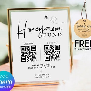 Honeymoon fund qr code sign - Canva Editable Template Qr Code Sign Venmo cash Honeymoon Wish for Modern Wedding Honeymoon Fund Sign , Q01