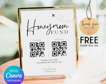 Segno del codice QR del fondo luna di miele - Modello modificabile Canva Segno del codice QR Venmo cash Desiderio luna di miele per il matrimonio moderno Segno del fondo luna di miele, Q01