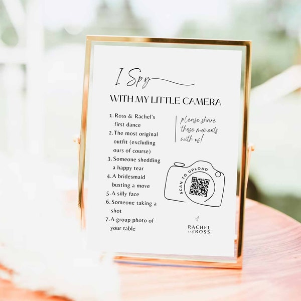 photo hunt sign scavenger hunt wedding game wedding signs editable canva camera qr CODE wedding sign template I spy little camera #TA01