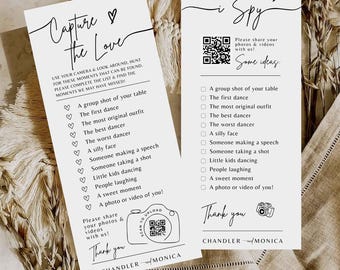 J'espionne le jeu de mariage Capturez l'amour photo chasse au trésor carte de jeu de mariage - LISTE DE CONTRLE PDF Téléchargez le modèle QR Code pour appareil photo Canva # BB01
