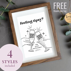 May include: A printable sign with the text "feeling tipsy?" and a cartoon illustration of two hands holding up champagne glasses. The glasses have QR codes for PayPal and Venmo. The text "tip your bartender -JOEY- " is below the glasses.