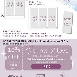 May include: A pink and white graphic with text that reads "printing recommendations". The graphic shows different print sizes for a printable design. The text also includes a 10% off discount code for prints of love.