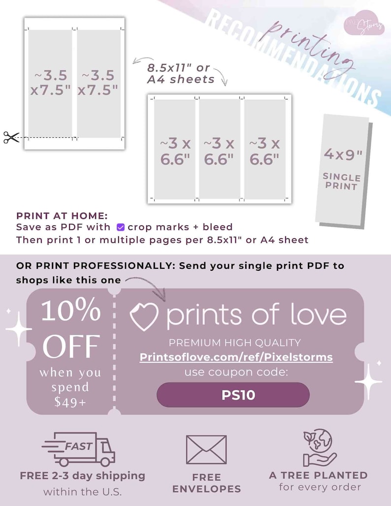 May include: A pink and white graphic with text that reads "printing recommendations". The graphic shows different print sizes for a printable design. The text also includes a 10% off discount code for prints of love.