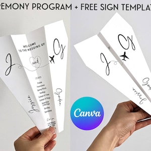 Programme imprimable de cérémonie de mariage en avion en papier faites gagner la date d'invitation en téléchargement numérique modifiable Modèle Google Canva minimal