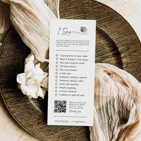 I spy wedding game Capture the love photo scavenger hunt wedding game card - CHECKLIST PDF Download Canva camera QR Code template #TA01