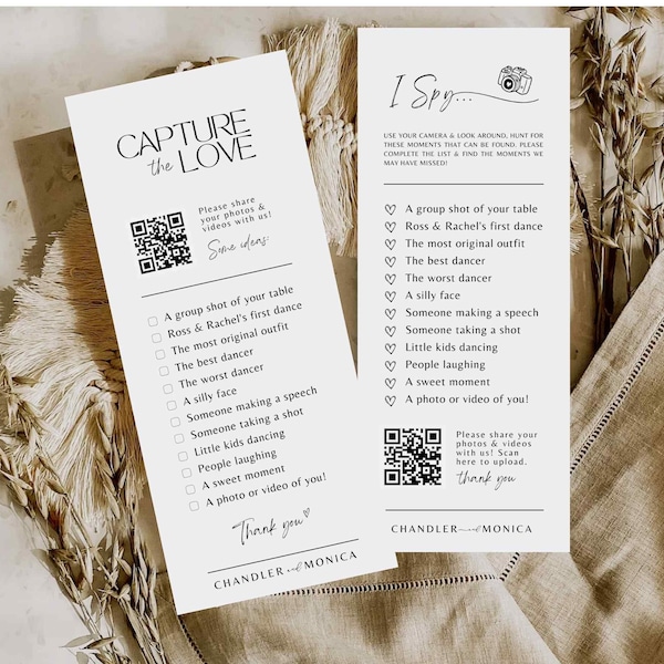 I spy wedding game Capture the love photo scavenger hunt wedding game card - CHECKLIST PDF Download Canva camera QR Code template #TA01