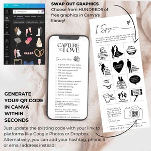 Pode incluir: Um sinal de cabine de fotos de casamento imprim&iacute;vel em preto e branco com o texto "Capture the Love" e uma lista de ideias de fotos. O sinal tamb&eacute;m inclui um c&oacute;digo QR para que os convidados possam carregar suas fotos.