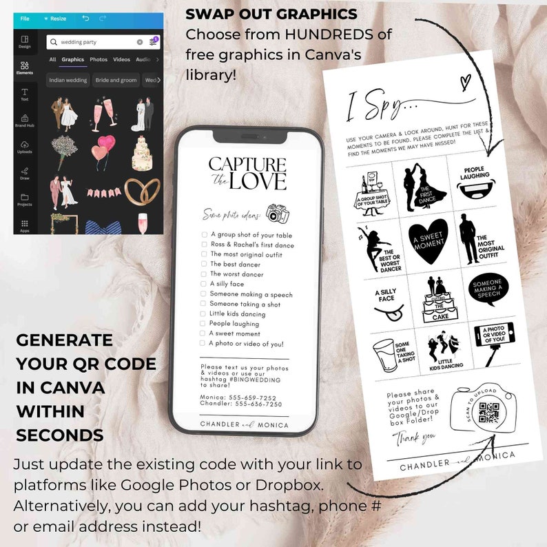 Pode incluir: Um sinal de cabine de fotos de casamento imprim&iacute;vel em preto e branco com o texto "Capture the Love" e uma lista de ideias de fotos. O sinal tamb&eacute;m inclui um c&oacute;digo QR para que os convidados possam carregar suas fotos.