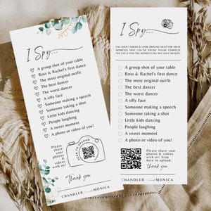 J'espionne un jeu de mariage photo chasse au trésor carte de jeu de mariage appareil photo qr code verdure i carte espionne - LISTE DE CONTRLE PDF Télécharger le modèle Canva #gab