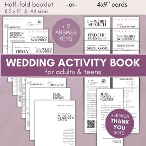 wedding games bundle for reception games - photo hunt scavenger i spy, shoe game, guests bingo, mad libs, trivia advice canva template SA01