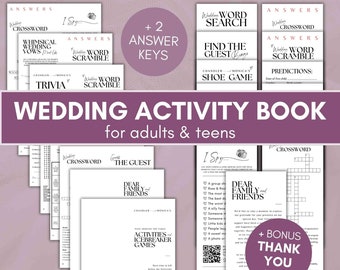 wedding games bundle for reception games - photo hunt scavenger i spy, shoe game, guests bingo, mad libs, trivia advice canva template SA01