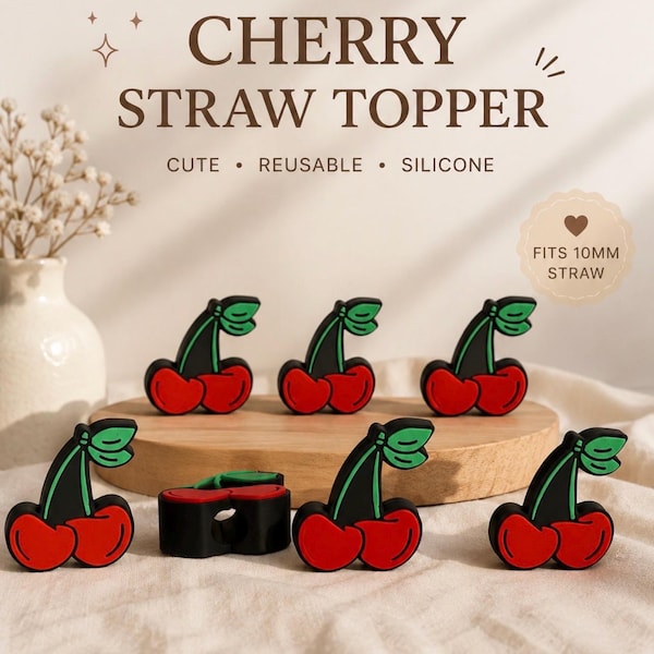 Sensory kersenstro-toppers - rode kersen met groene bladeren, perfect voor drankjes en feestjes