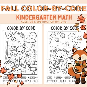 May include: Two printable maths worksheets titled FALL COLOR-BY-CODE KINDERGARTEN MATH. Each page features black and white line art of forest animals, pumpkins, and trees with addition and subtraction problems. Includes a colour key with crayons.