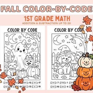 May include: Two black and white printable worksheets titled FALL COLOR-BY-CODE 1ST GRADE MATH ADDITION & SUBTRACTION UP TO 20. The pages feature math problems inside sections of illustrations including a ghost, cat, dog, and pumpkins.
