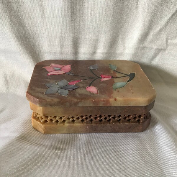 Vintage Hand Carved Stone Trinket Box, Mother of Pearl Inlay