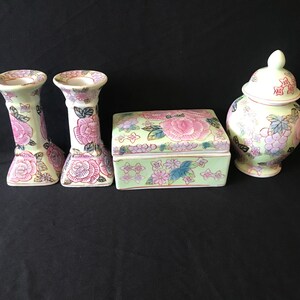 Set of porcelain pair of candle holders, Trinket box, and jar with lid
