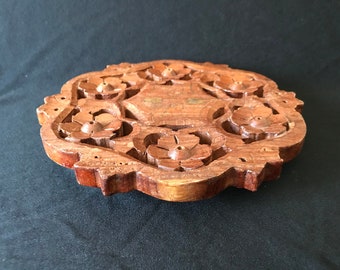 Vintage Hand-Carved Wood Trivet, Indian Wooden Hot Pad with Brass Inlay