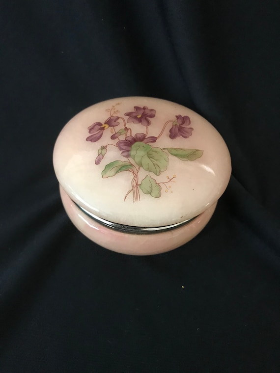Vintage Alabaster Round Trinket Box, Jewelry Box