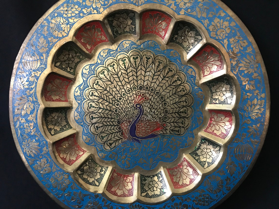 Vintage Brass Round Plate With Peacock Engraving Etsy