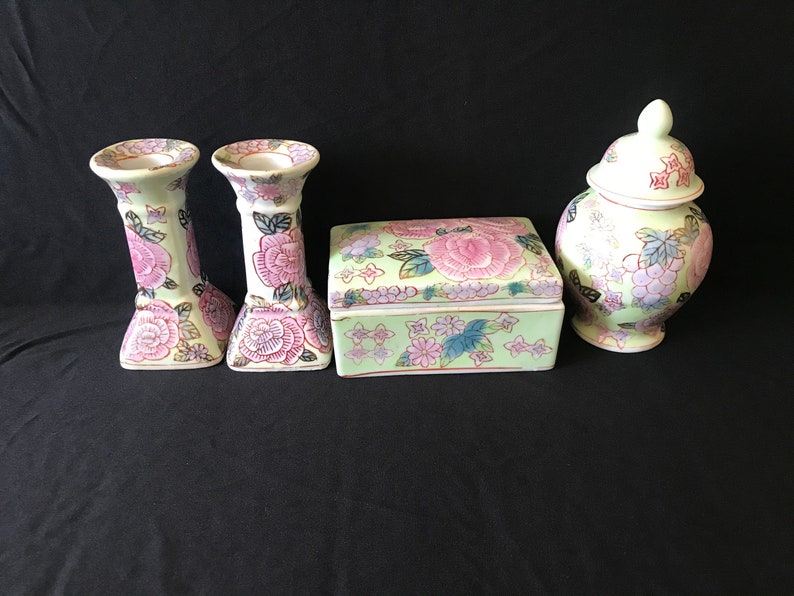 and jar with lid Set of porcelain pair of candle holders Trinket box