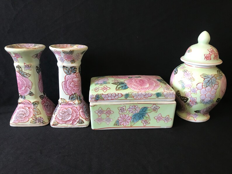 and jar with lid Set of porcelain pair of candle holders Trinket box