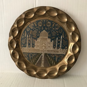 Vintage Taj Mahal Etched Enamel Brass Plate, Wall Hanging