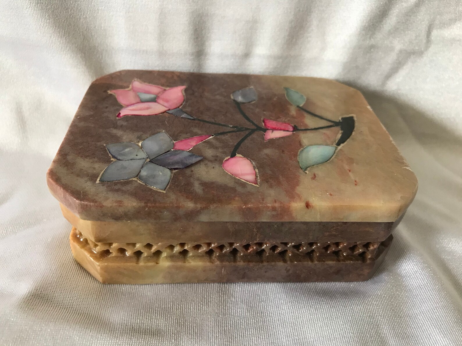 Vintage Hand Carved Stone Trinket Box, Mother of Pearl Inlay Etsy