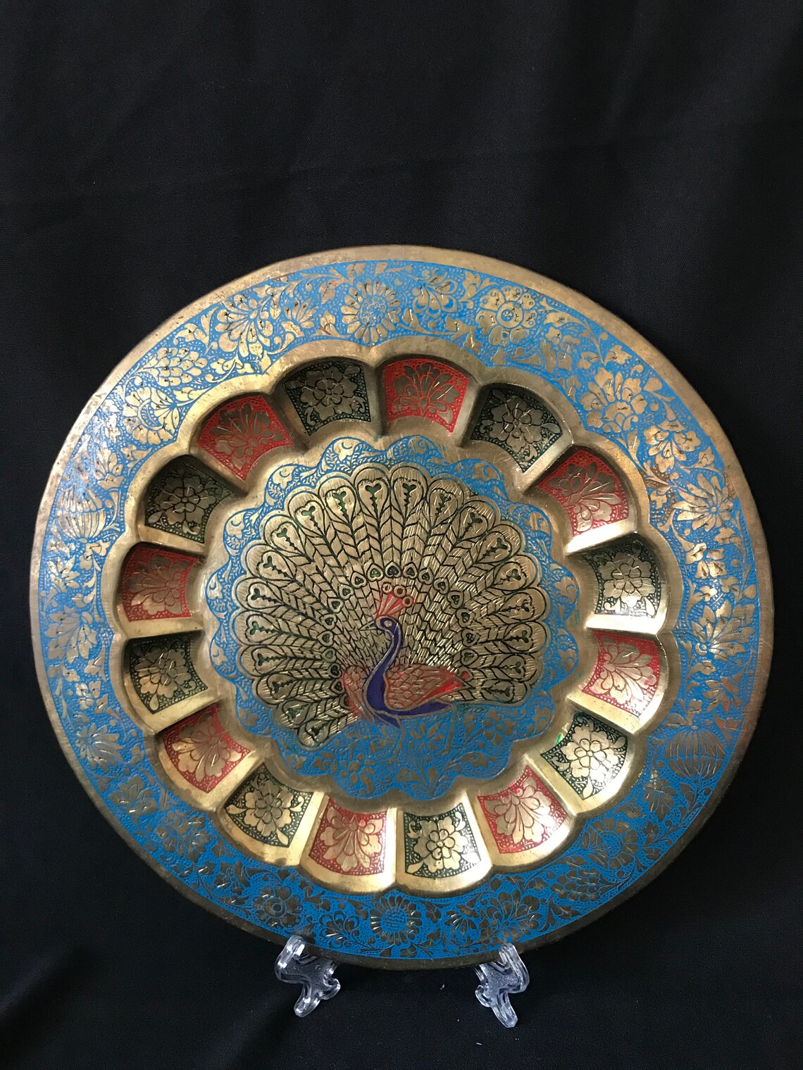 Vintage Brass Round Plate With Peacock Engraving Etsy