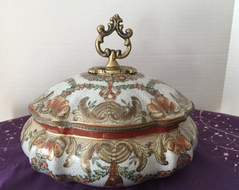 gorgeous porcelain container / Jewelry Box, cover with brass handle and edge