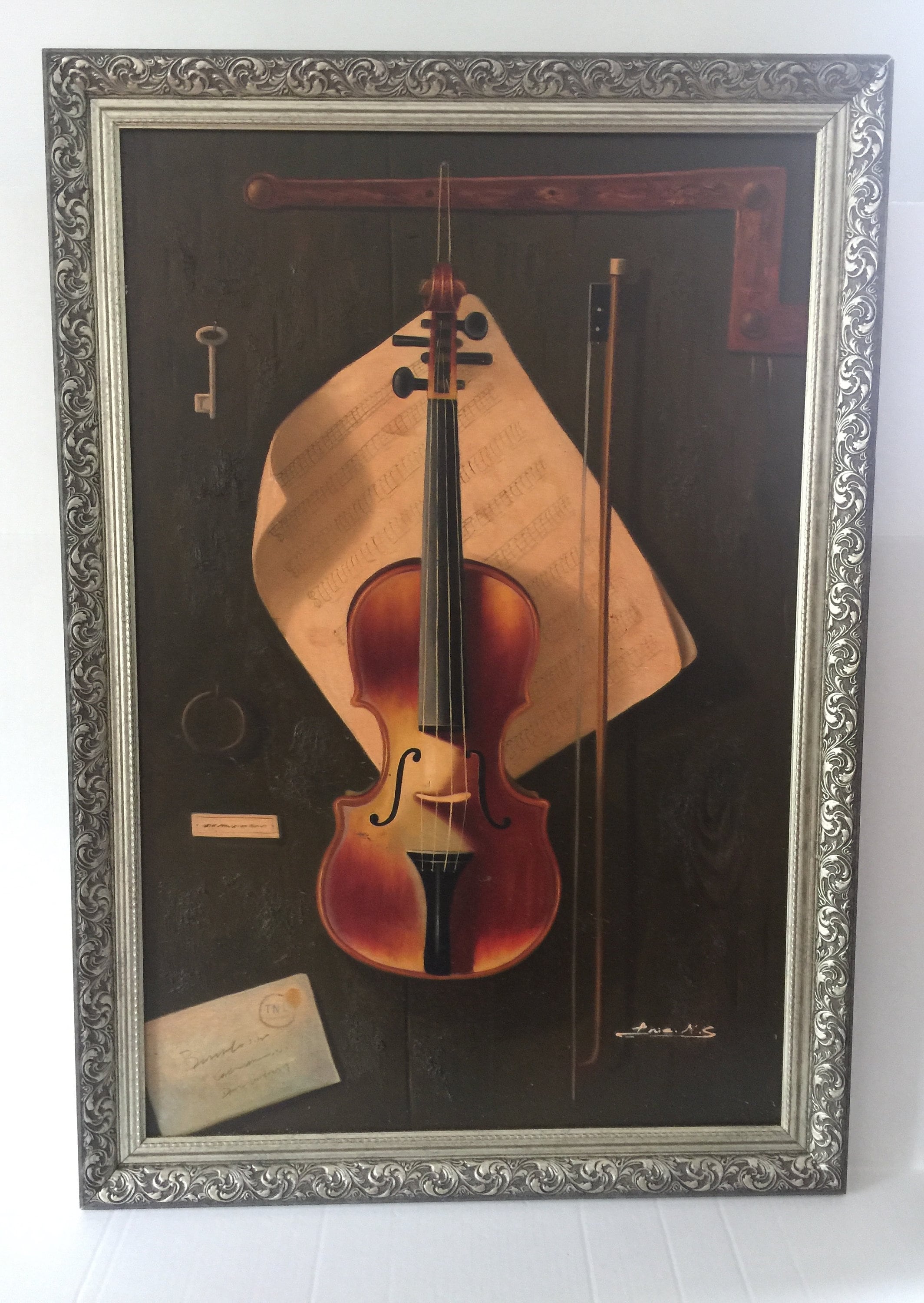 Oil Painting of a Still Life With a Violin and Sheet Music