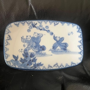 Vintage Blue White Porcelain Tray Chinese Children Motif Rectangular Dish 7.25 x 5 Decorative Plate