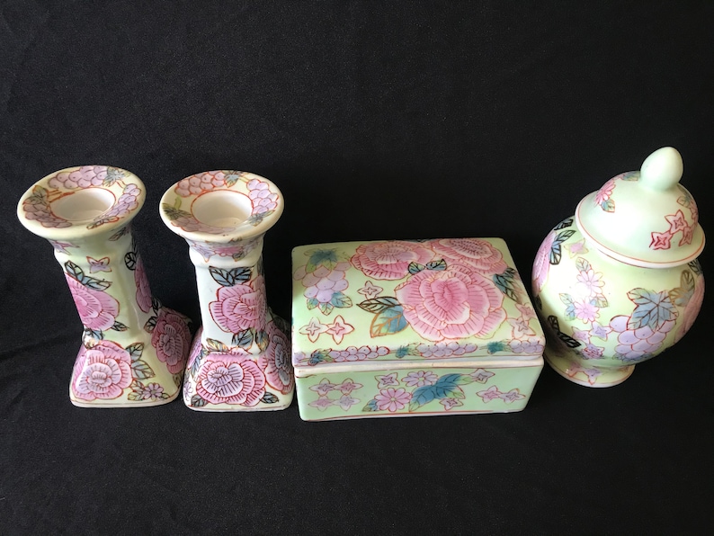 and jar with lid Set of porcelain pair of candle holders Trinket box