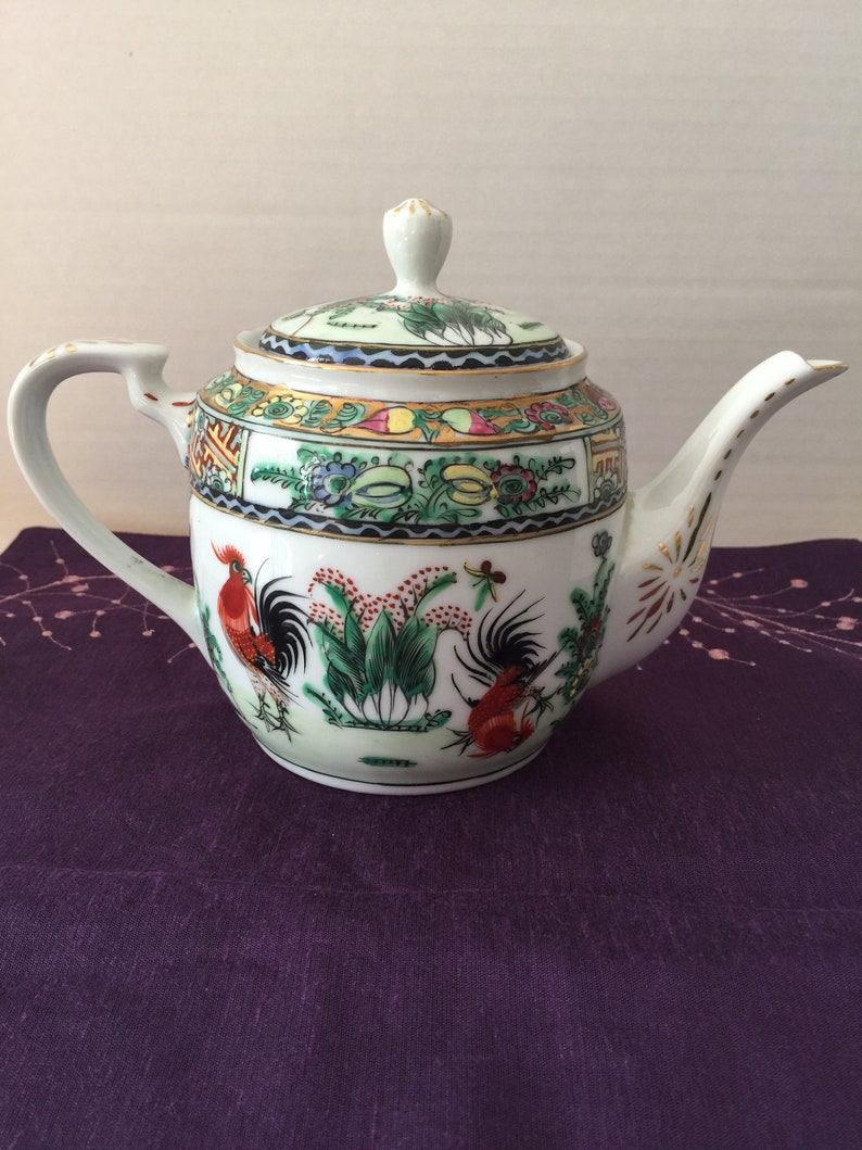 Vintage Teapot Handpainted Roosters in Hong Kong Etsy