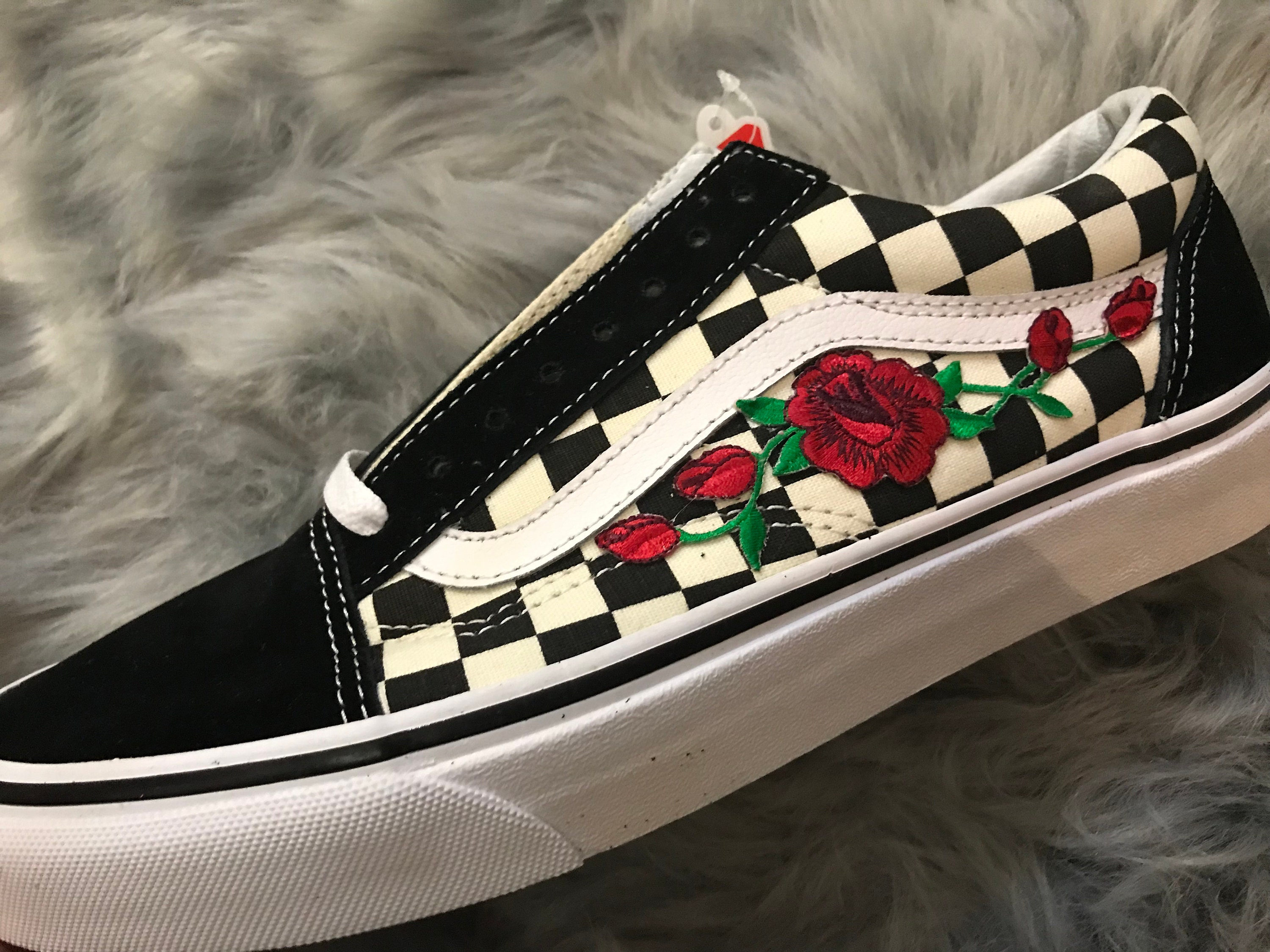 rose embroidered checkered vans