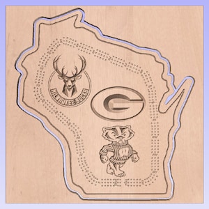 May include: A wooden map of Wisconsin with the logos of the Milwaukee Bucks, Green Bay Packers, and the University of Wisconsin Badgers. The map is decorated with small holes.