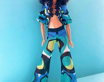 Stella&#39;s Geo Mesh Black and Blue Pantsuit Fits Mattel Barbie Tall Doll