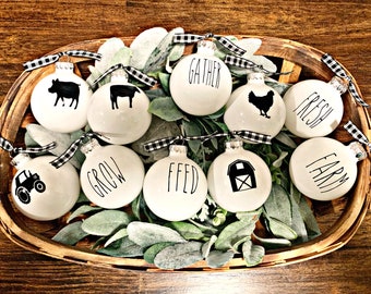 Farmhouse ornaments / Set of 10! / Rae Dunn Inspired/ shatterproof