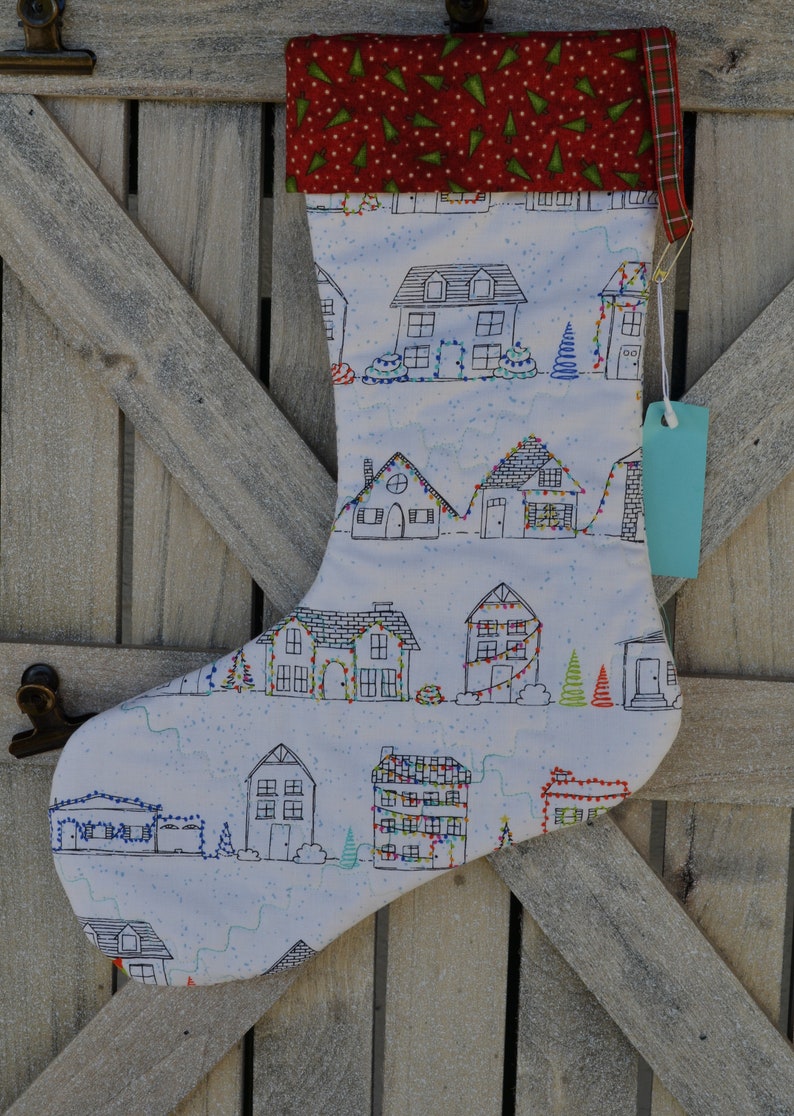 Snowy Houses with decorations Stocking