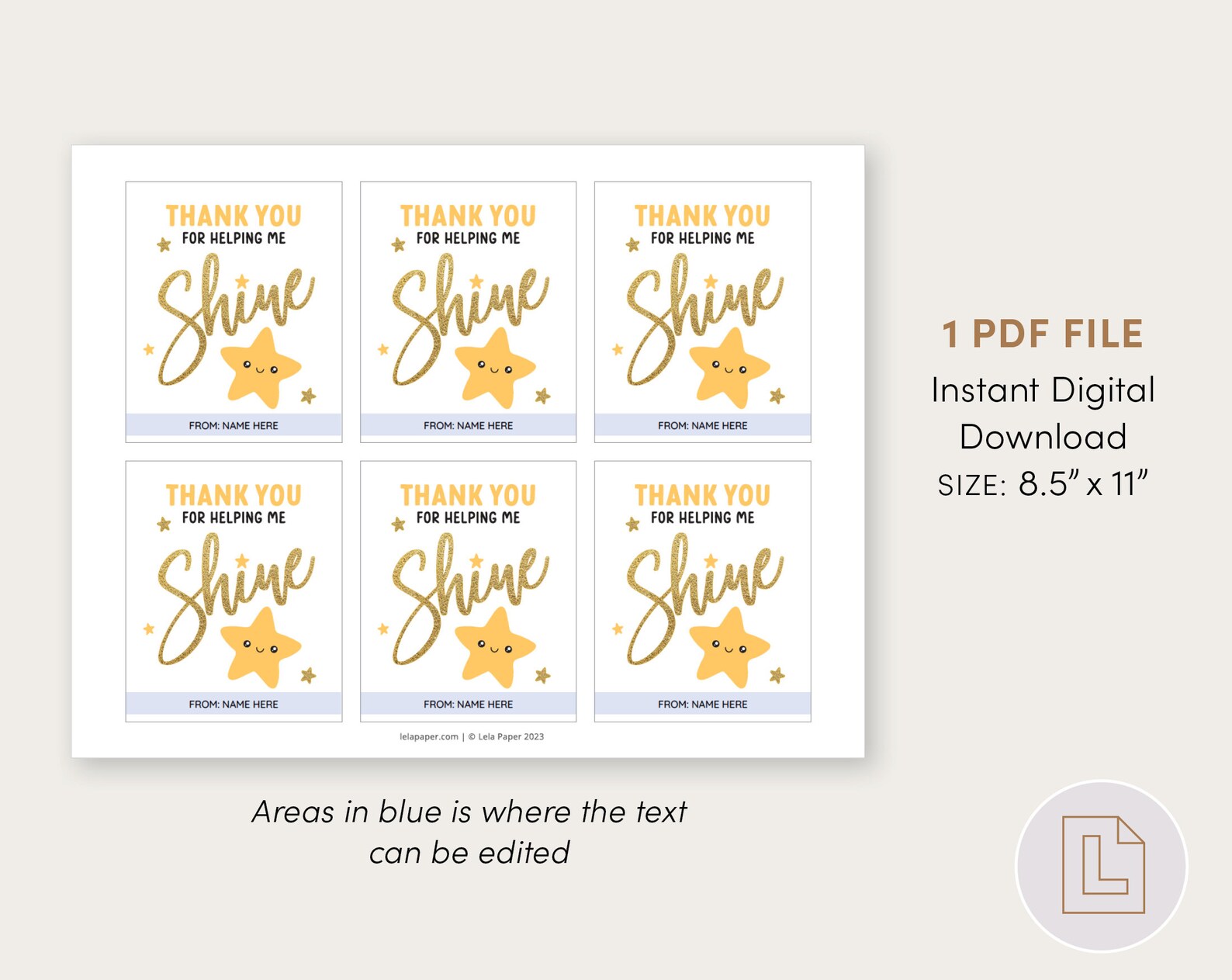 Teacher Appreciation Gift Tag, Thank You for Helping Me Shine Star Tag ...