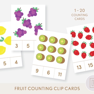 Fruittel- en clipkaarten | Tellen van 1-20 nummerflitskaarten | Montessori Homeschool tellen afdrukbaar | Leuke wiskundeactiviteit | Ochtendmand