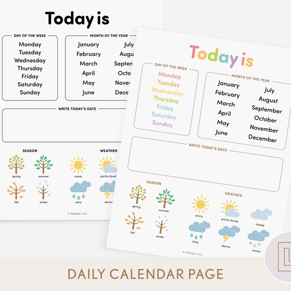 Kids Daily Calendar | Circle Time Morning Menu Printable | Today Is | Month Week Day Weather Season | Morning Basket | School Resource