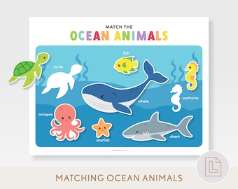 Ocean Animals Matching Activity Printable, Under the Sea Whale Shark Print, Preschool Toddler Worksheet, Busy Binder Book Page