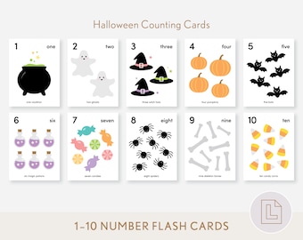 Puede incluir: Diez tarjetas flash coloridas con ilustraciones de temática de Halloween y los números del 1 al 10. Cada tarjeta tiene una imagen diferente, como un caldero, fantasmas, sombreros de bruja, calabazas, murciélagos, pociones mágicas, maíz dulce, arañas, huesos de esqueleto y maíz dulce. Las tarjetas son blancas con bordes negros y texto.