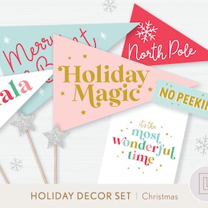 Christmas Holiday Banners, Pennant Flags, Prints, and Gift Tags Printable | Christmas Decor Decoration Set | Whimsical Holiday Bin Decor