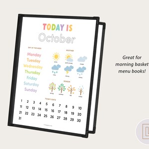 May include: A black dry-erase board with a white calendar for the month of October. The calendar includes days of the week, weather icons, and seasonal icons. The text "TODAY IS October" is at the top of the board.