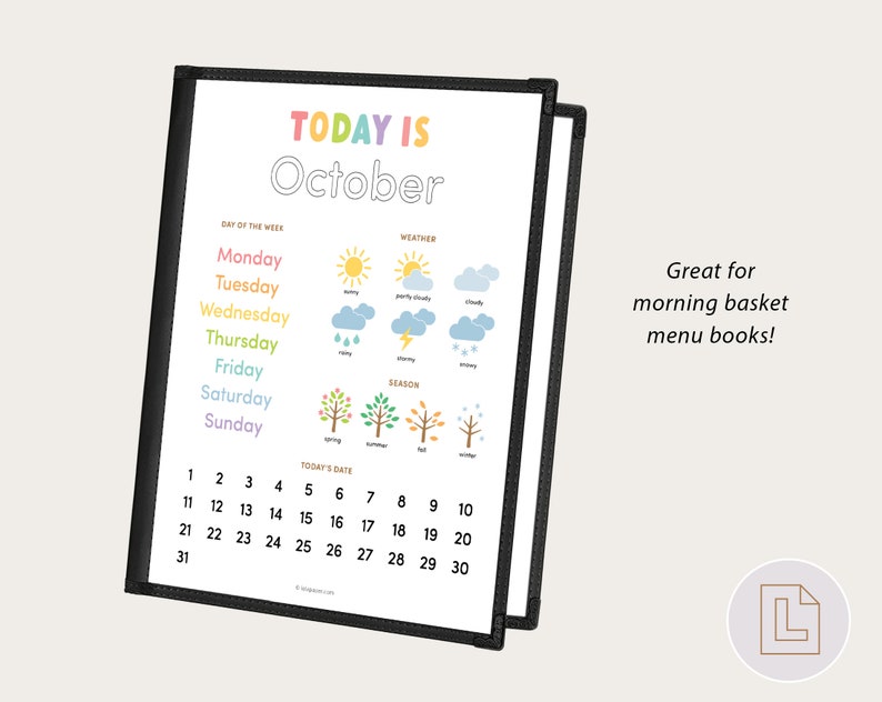 May include: A black dry-erase board with a white calendar for the month of October. The calendar includes days of the week, weather icons, and seasonal icons. The text "TODAY IS October" is at the top of the board.