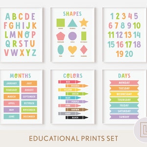 Paquete de impresiones de carteles educativos / Decoración para el aula / Alfabeto, números, colores, formas y meses / Decoración de pared para la educación en casa