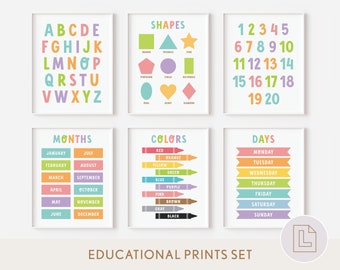 Educational Poster Print Bundle | Classroom Decorations | Alphabet, Numbers, Colors, Shapes, Months | Homeschool Wall Decor